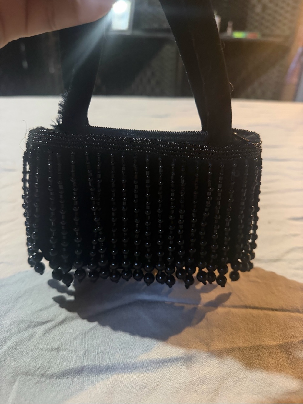 La Regale Black Beaded Fringe Mini Bag